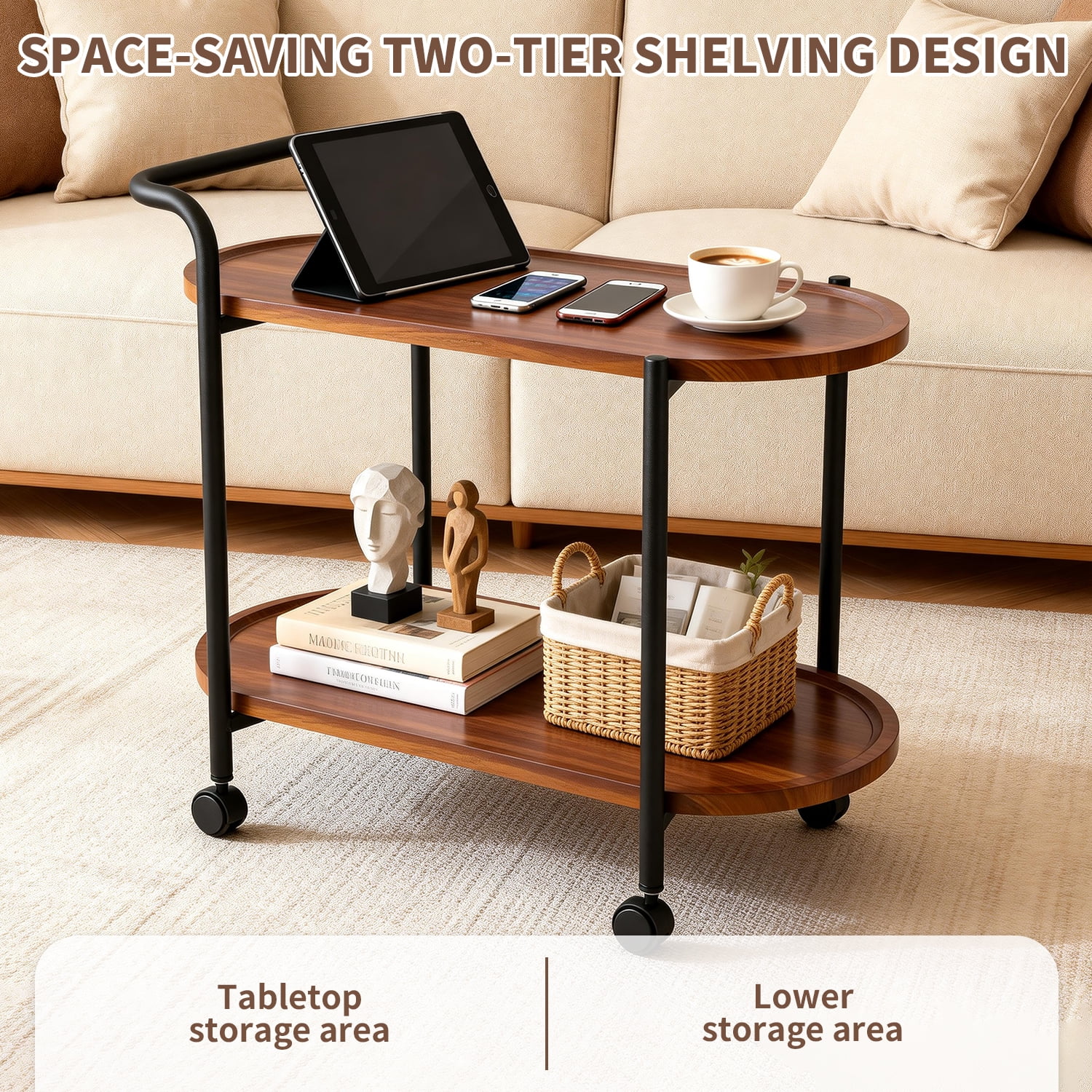 2-Tier Side Table with Wheels, Wood End Table for Small Spaces, Living Room, Bedroom, Kitchen, Rustic Brown