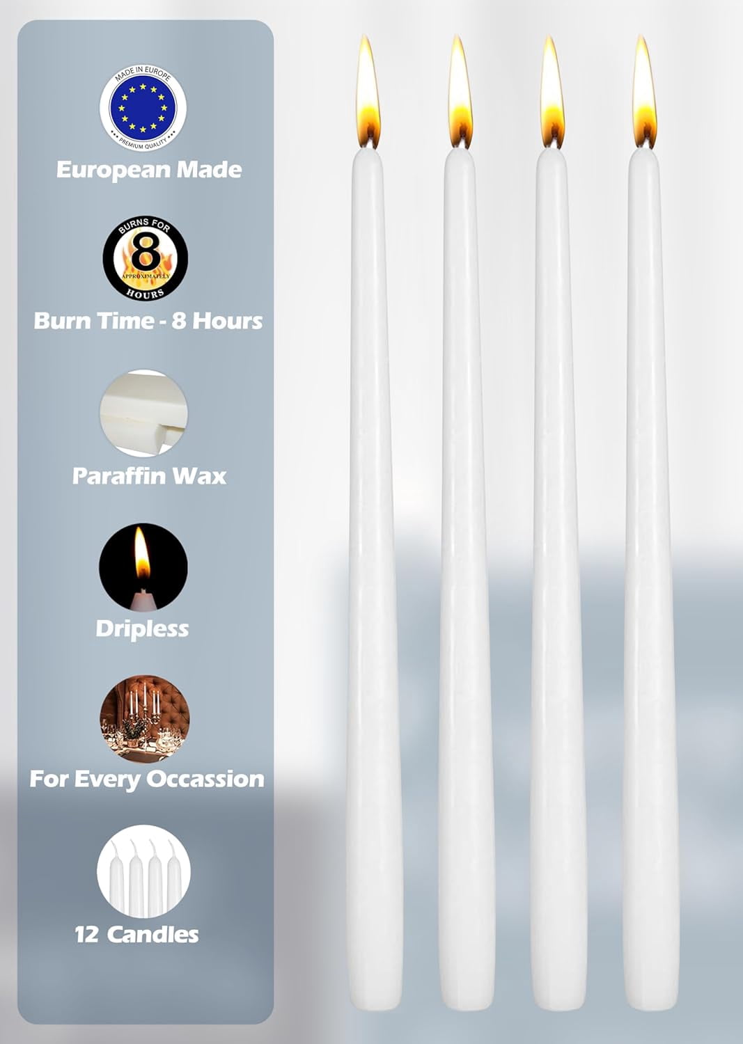 12 Pack Tall Taper Candles - 10 Inch White Dripless, Unscented Dinner Candle - Paraffin Wax with Cotton Wicks - 8 Hour Burn Time