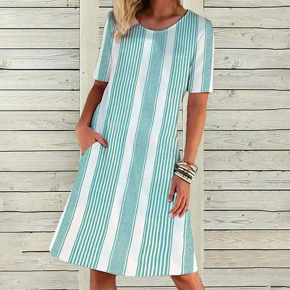 Awdenio Womens Dresses Short Sleeve on Sale Women's Round-Neck Fashion Casual Temperament Pullover Short Sleeve Print Casual Loose Pocket Dress