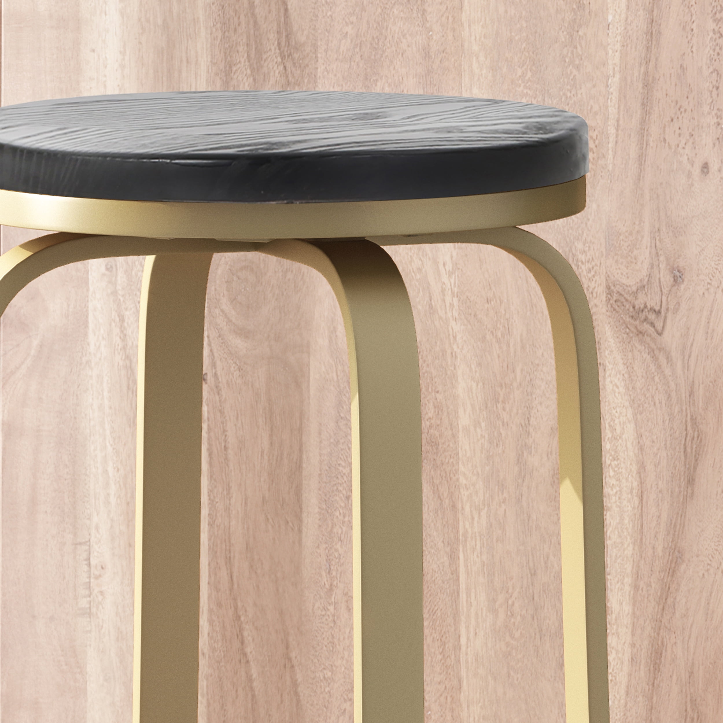 Noble House Salome Modern Industrial Faux Wood Overlay Swiveling Counter Stool, Set of 2, Black and Brass
