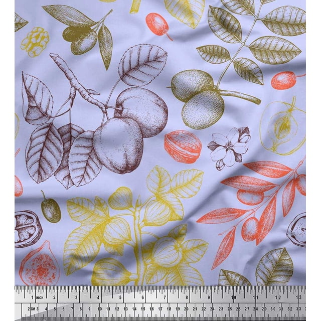 Soimoi Poly Georgette Fabric Leaves & Palm Fruits Decor Fabric Printed Yard 52 Inch Wide