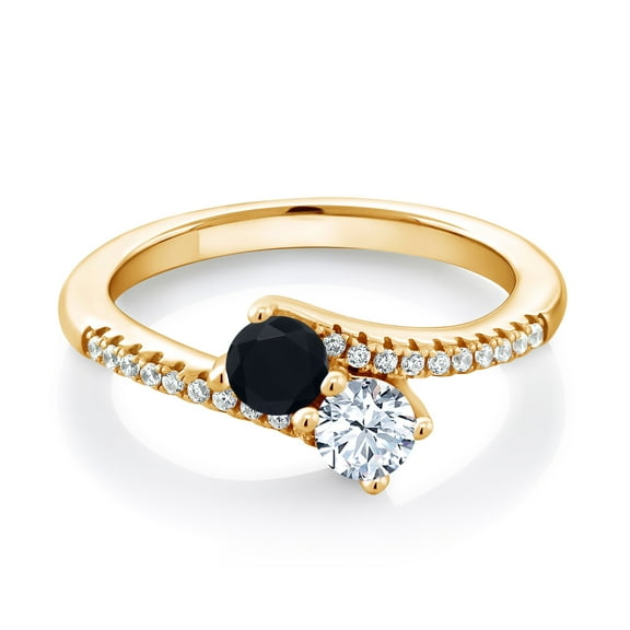 Gem Stone King 18K Yellow Gold Plated Silver Black Onyx Bypass Ring for Women (0.71 Cttw, Gemstone December Birthstone, Round 4MM, Size 8)