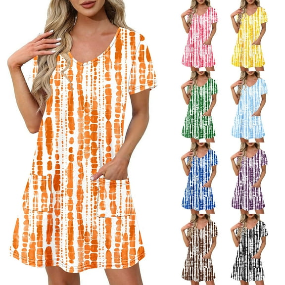 Patlollav Pocket Dresses for Women Summer Print Short-Sleeve V-Neck Casual Dress