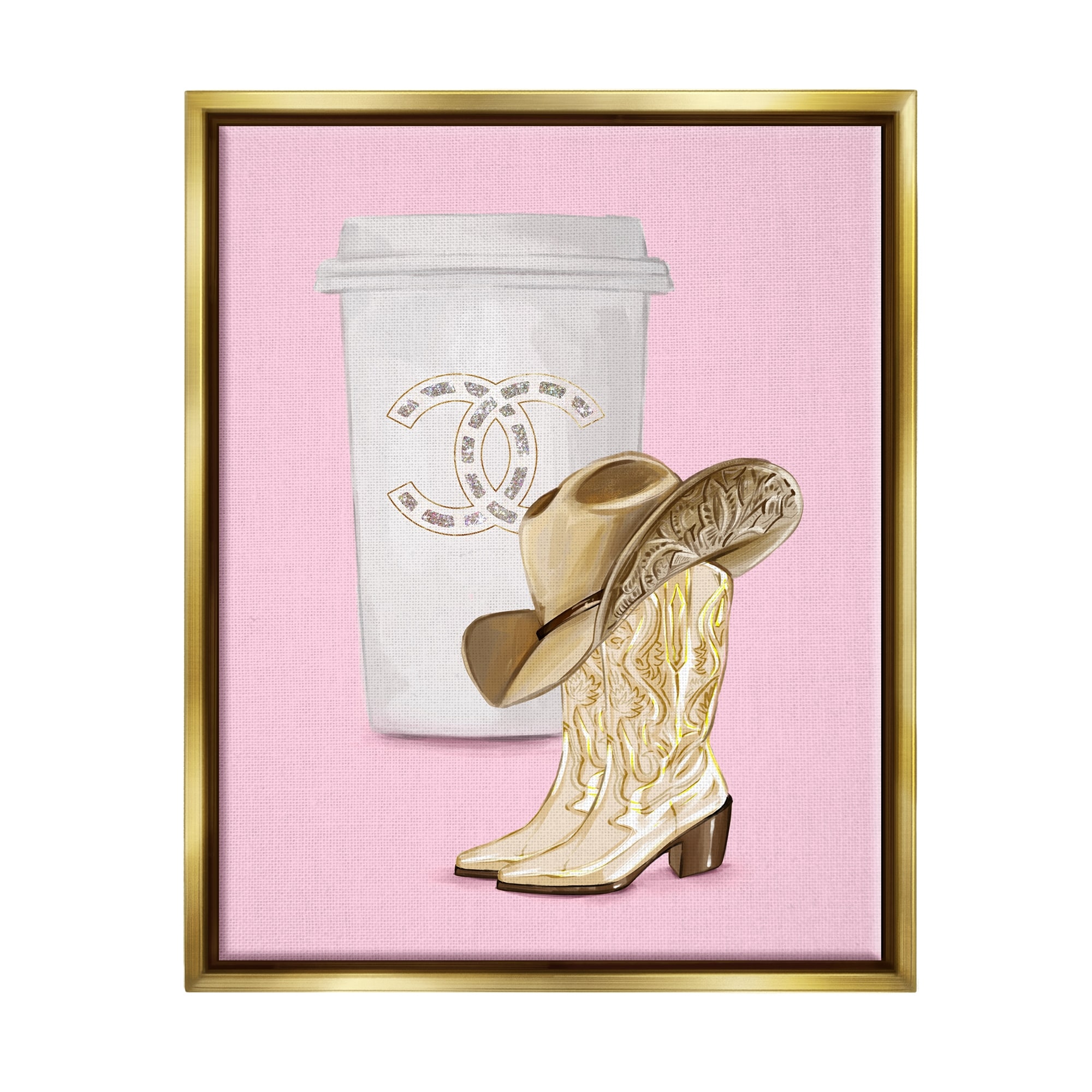 Stupell Industries Pink Glam Cowgirl Boots & Coffee Beauty & Fashion Painting Gold Floater Framed Art Print Wall Art