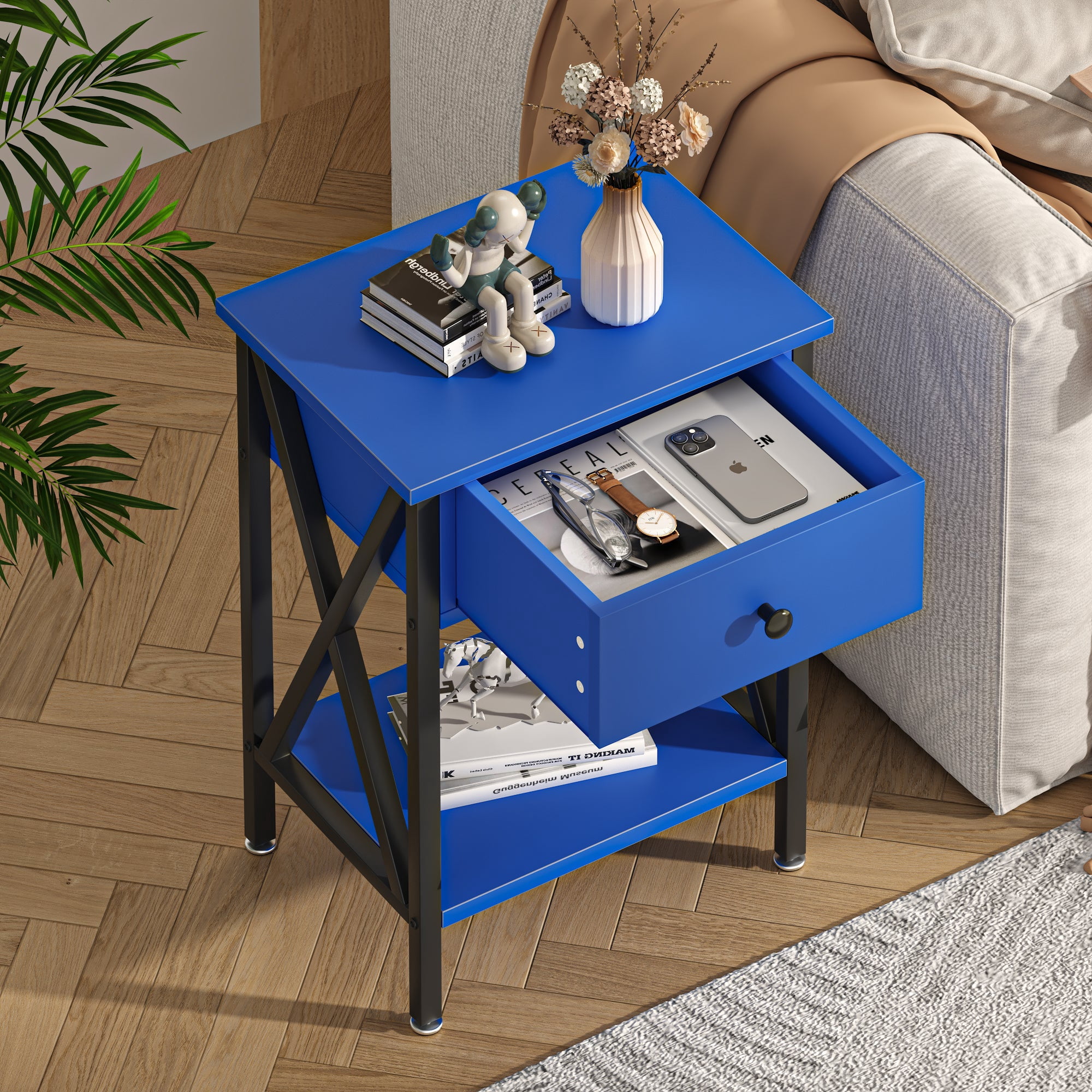 VECELO Industrial Nightstand, Set of 2, Dark Blue