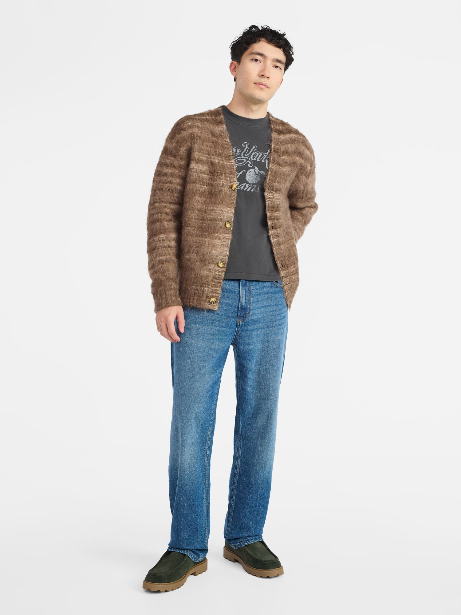 No Boundaries Stripe V Neck Brushed Cardigan Sweater with Long Sleeves, Men's & Big Men's