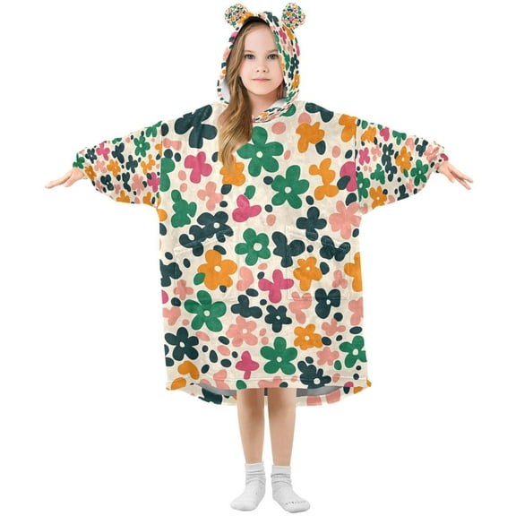 FORMRS Wearable Blanket Hoodie with Sleeves for Kids Cozy Flannel Sweatshirt, Floral Blooms
