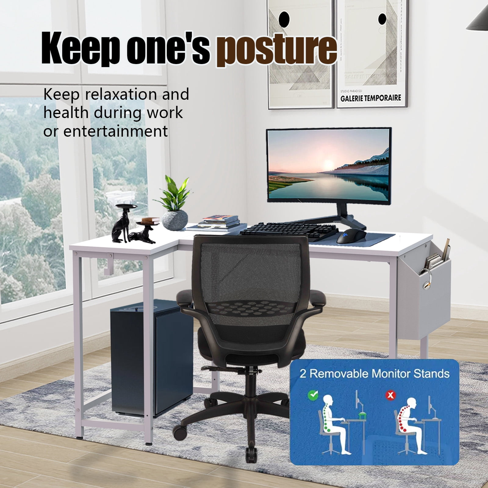 Koligey 47" L-Shaped Ergonomic adults Gaming Desk with Headphone Hook for Game Players, White
