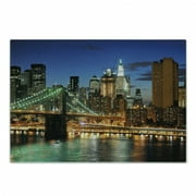 City Cutting Board, New York at Night with Brooklyn Bridge Skyscrapers Famous Metropolis Manhattan USA, Decorative Tempered Glass Cutting and Serving Board, Small Size, Multicolor, by Ambesonne