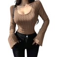 thumbnail image 2 of Women'S Long Sleeve Tops, Scoop Neck Ribbed Knit Shirt Slim Fit Pullover Sweater Basic Thermal Shirt Camel Color XL, 2 of 9