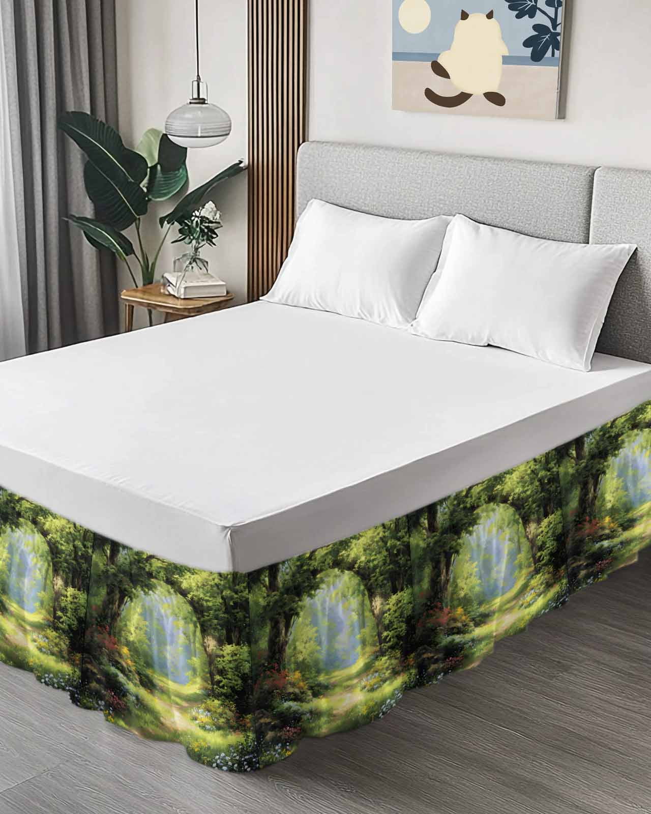 Spring Forest Bed Skirt Queen Size 16 Inch Drop, Spring Green Trees Floral Grass Plant Forest Adjustable Elastic Dust Ruffles Bedskirt for Queen Bed Wrap Around Pleated Mattress Frame Cover