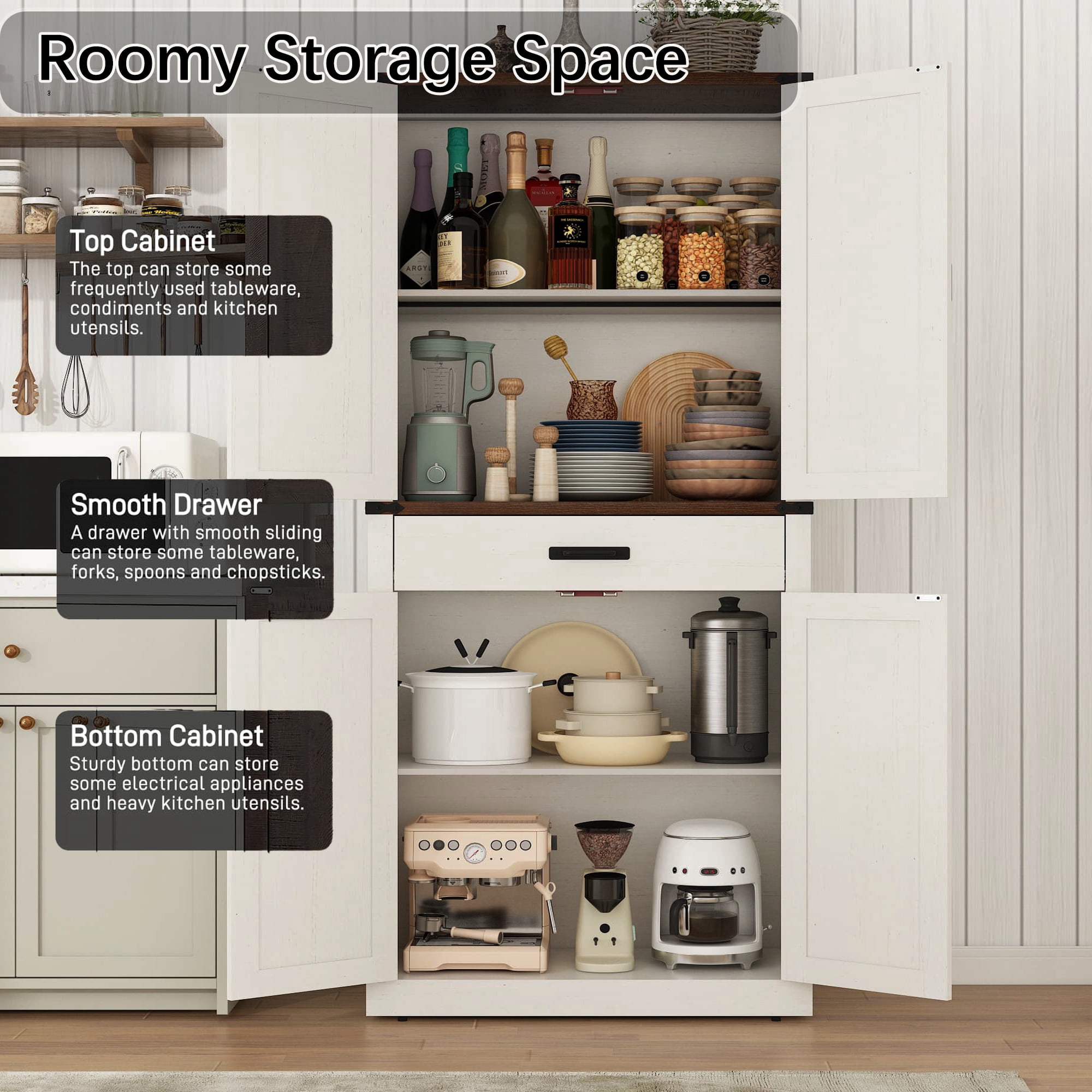 72" Tall Kitchen Pantry, Farmhouse Pantry Cabinet with 1 Drawer & 4 Layer Adjustable Shelves, Rustic Wood Storage Cupboard with Metal Load-Bearing Pipe for Kitchen Bathroom Living Room Hallway