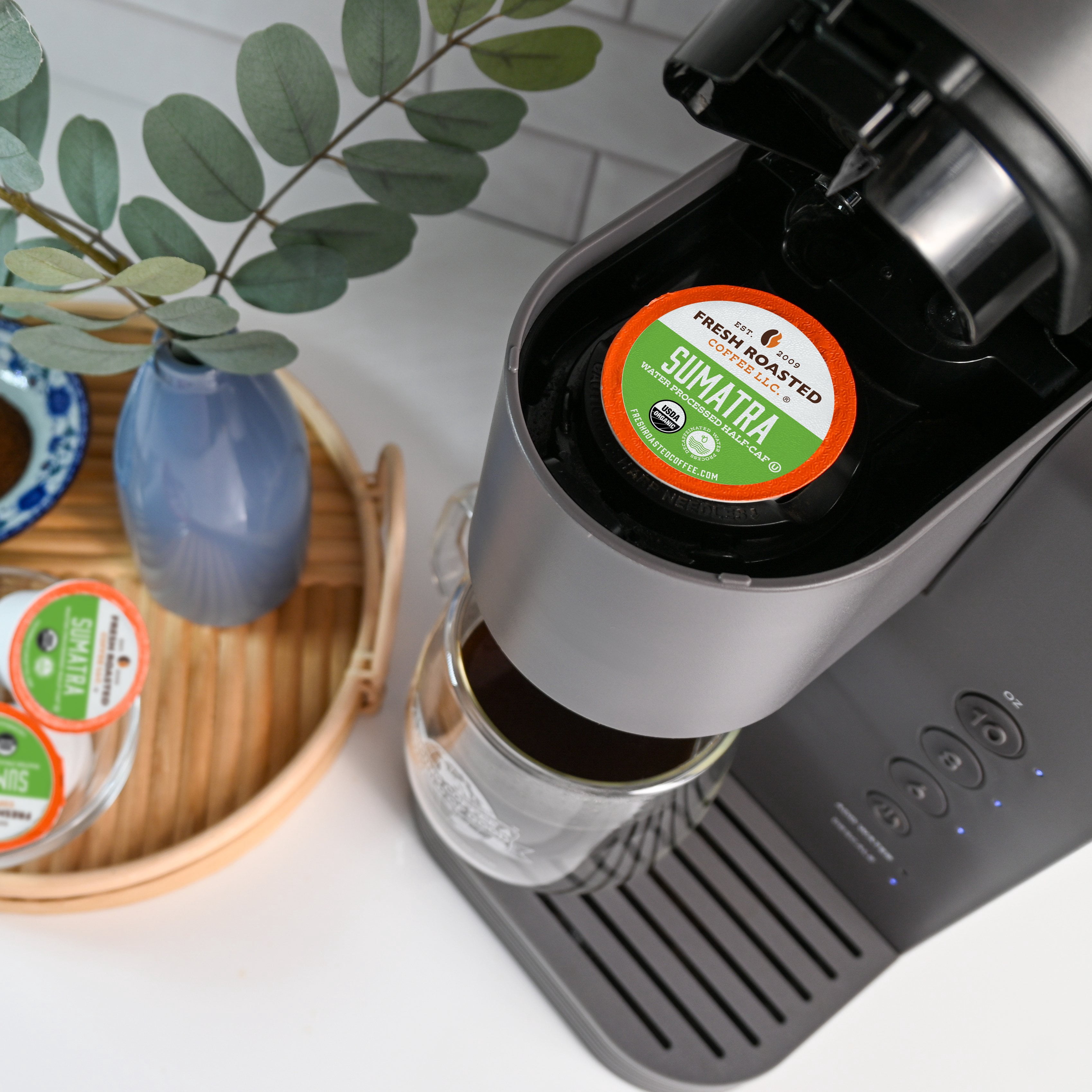 Fresh Roasted Coffee, Organic Sumatra Water-Processed Half Caf, Medium Roast, K-cup Compatible, 72 Count