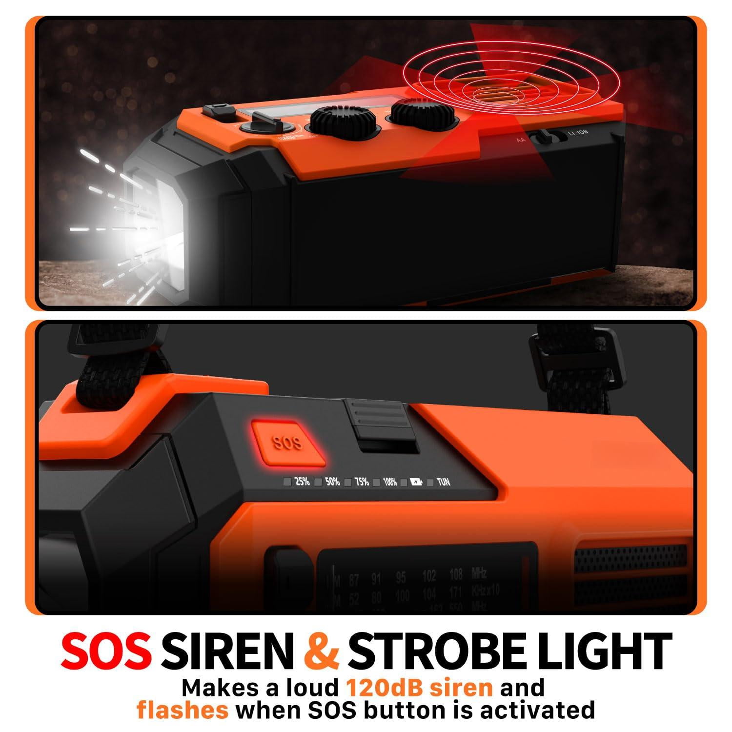 Noaa Emergency Weather Radio A6 19240mwh Portable Power  Am/fm Usb/solar/hand Crank Charging Operated Sos Alarm & Flashlight For Indoor/outdoor - Orange