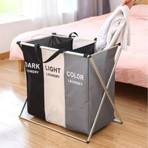 Cestas de lavandería plegables Tela Oxford Diseño plegable Mango suave Fácil instalación Cesto de ropa duradero 3 compartimentos Negro, beige y gris (sin