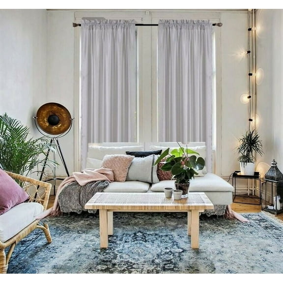 2 piece MR2 Semisheer faux silk solid window treatment curtain panel with rod pocket solid plain silver color for bedroom living room 55"x 84"