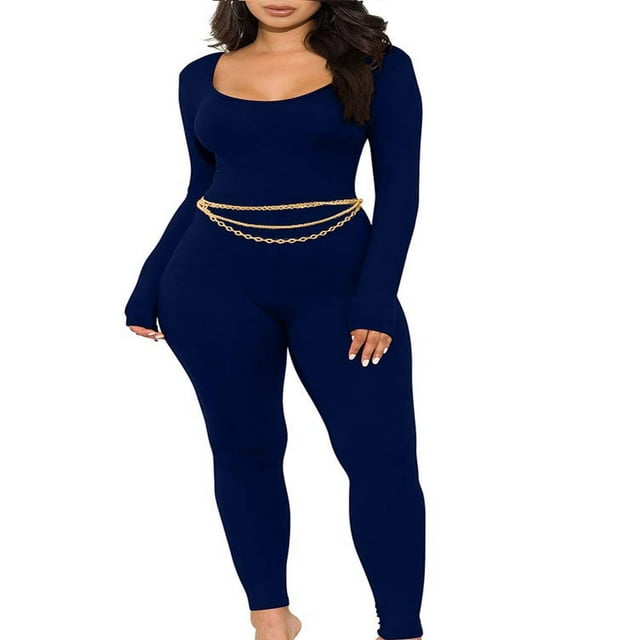Women Long Jumpsuit Solid Color Long Sleeve U Neck Slim Bodysuit