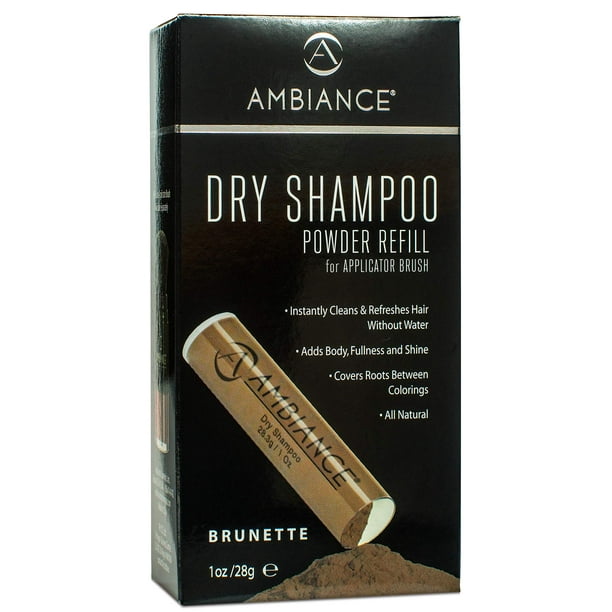 Ambiance Natural Dry Shampoo Recambio en polvo para cabello oscuro - Champú teñido moreno tamaño viaje sin aerosol - No tóxico sin benceno - Volumen refresca el cabello graso y cubre las raíces entre