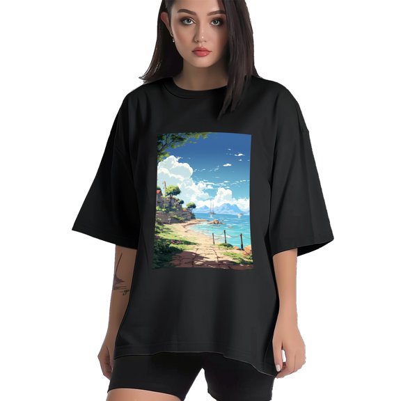 Plus Size Shirt for Women Black Tops for Women Short Sleeves Shirt for Women Seaside (30) T Shirt Crewneck Shirt for Women XS