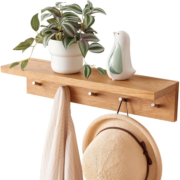Oak Wood Coat Rack Wall Mount With Shelf 20 Inch Long, 5 Hooks, Floating Entryway Wall Shelf for Bathroom, Hallway, Living Room