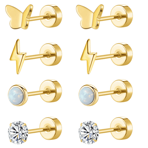 Flat Back Earrings for Women & Men, 4 Pairs Hypoallergenic Titanium Earrings for Sensitive Ears, Screw Back Cartilage Earrings Set with CZ & Opal