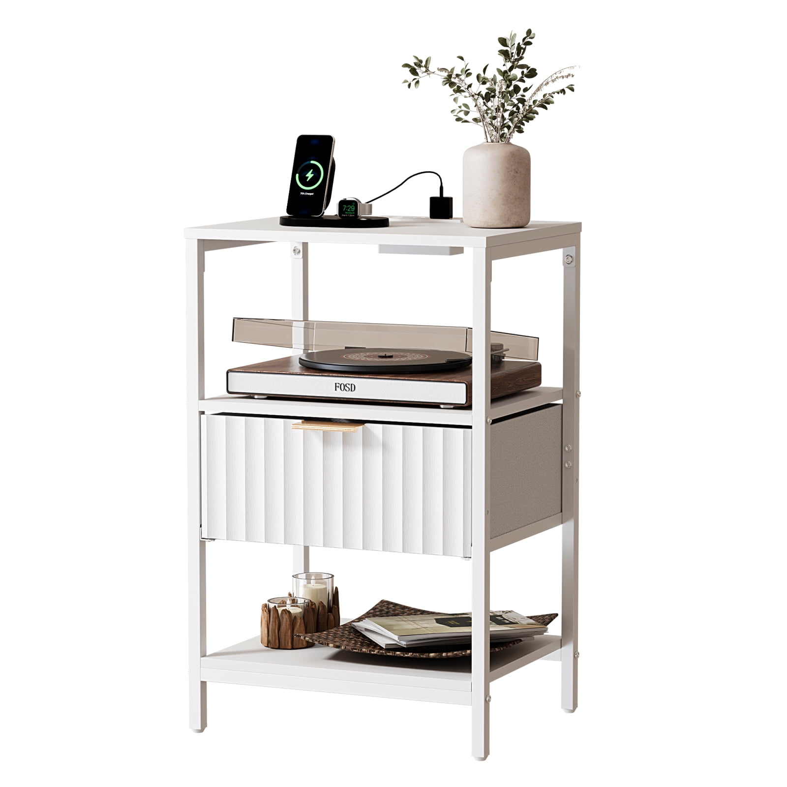Ktaxon Fluted Nightstand with Charging Station End Table with Drawers Bedside Table Furniture for Bedroom, Living Room, White