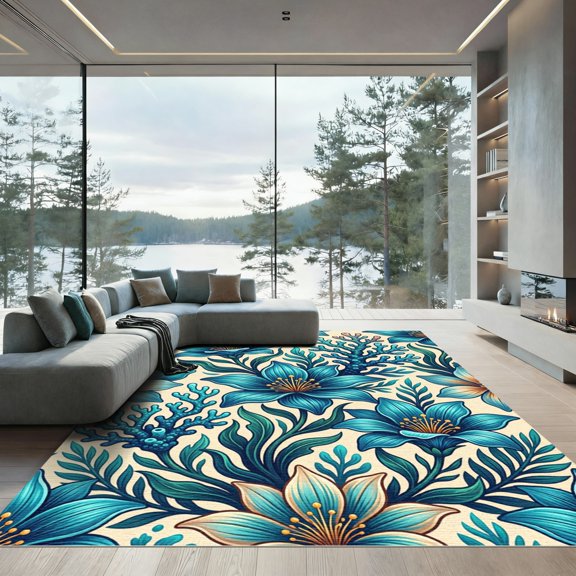 ODIKA 4'x6' Machine Washable Non-Slip Area Rug, Contemporary Teal High Traffic Rug, Blue, 966990