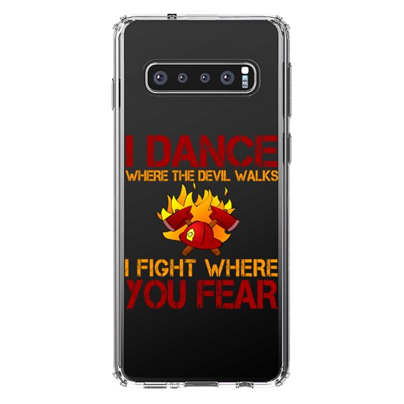 DistinctInk Clear Shockproof Hybrid Case for Samsung Galaxy S10  PLUS (6.4" Screen) - TPU Bumper Acrylic Back Tempered Glass Screen Protector - Firefighter - I Dance Where the Devil Walks