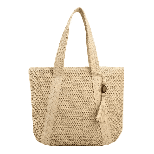 Tote Bag de Paja Xtellar Beige Claro Verano Bohemio para Playa y Viaje