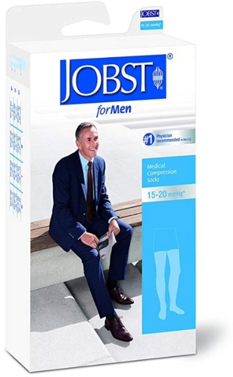 JOBST Thigh High 15-20mmHg Ribbed Medical Compression Socks For Men, Black, Small, 1 Pair