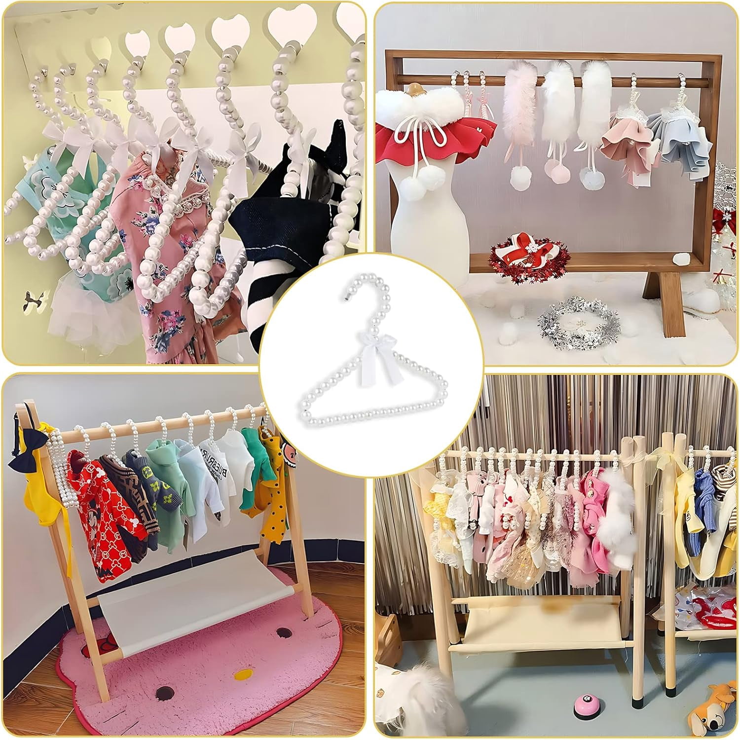 ABCISI 5 Pack Pearl Baby Hangers, Small Pearl Beads Bow Clothes Hangers, Elegant Standard Hangers for Children Pet Dog, Non Slip No Trace Garment Hangers for Laundry Room Use, 8in(White)