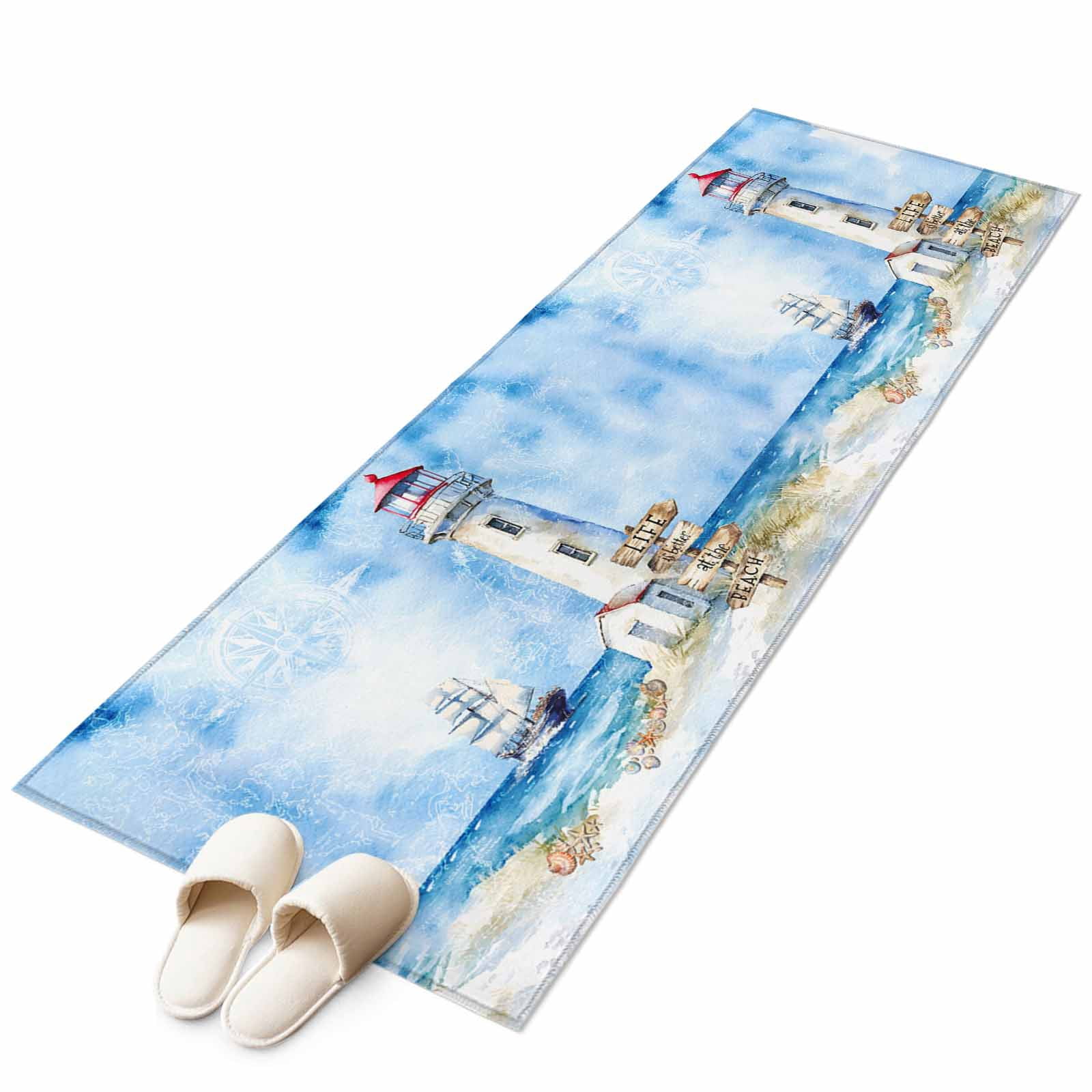 2'x6' Rug Runners for Hallways Kitchen, Nautical Blue Non Slip Entryway Beside Floor Carpet Runner, Lighthouse Ocean Sailboat Summer Painting Washable Laundry Room Bedroom Throw Rugs Mat