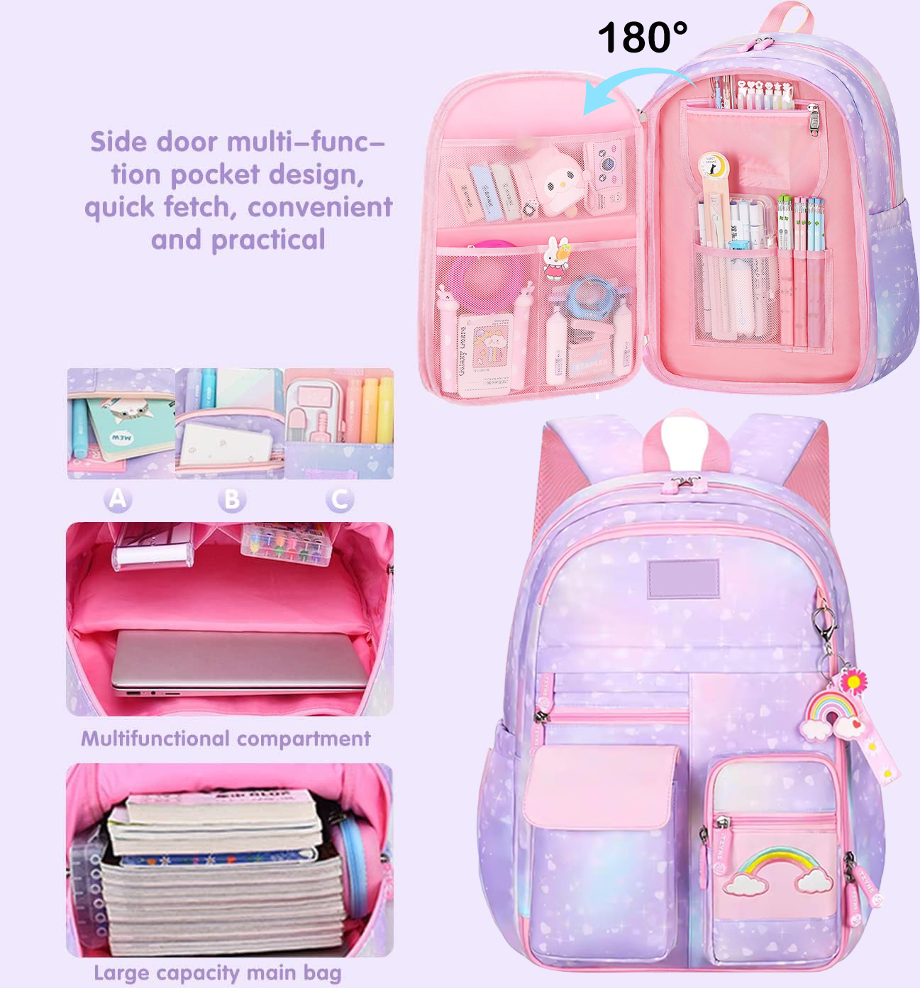 Mochila escolar para niñas, de hombro, para niños, regalo para primaria, púrpura 6