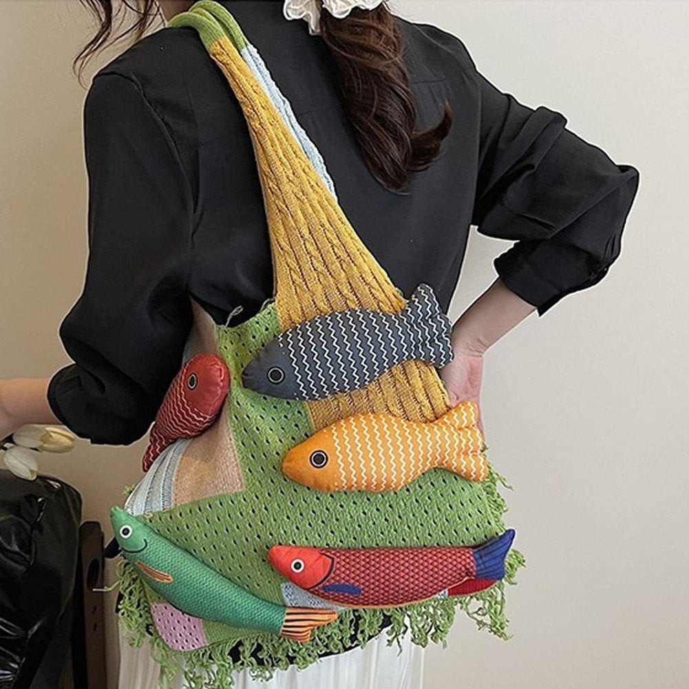 Jiibva Crochet Beach Shoulder Bag for Women Summer Tote handbags Shoulder Boho Bag with Handmade Fish for Summer Vacation