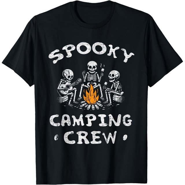 T-Shirt de Camping Squelette Halloween pour Col Rond - Noir - 3TG