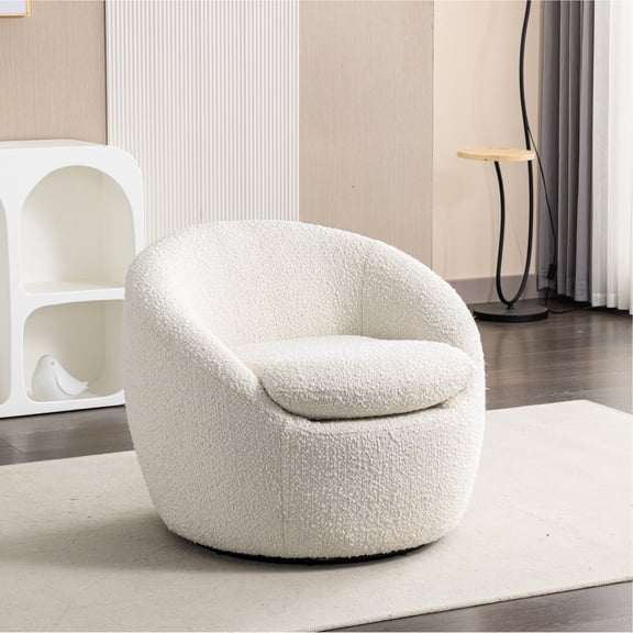 Boucle Fabric 360 Swivel Seat, Creamy White, For A Stylish Living Room Chair In White Cozy Office Atmosphere