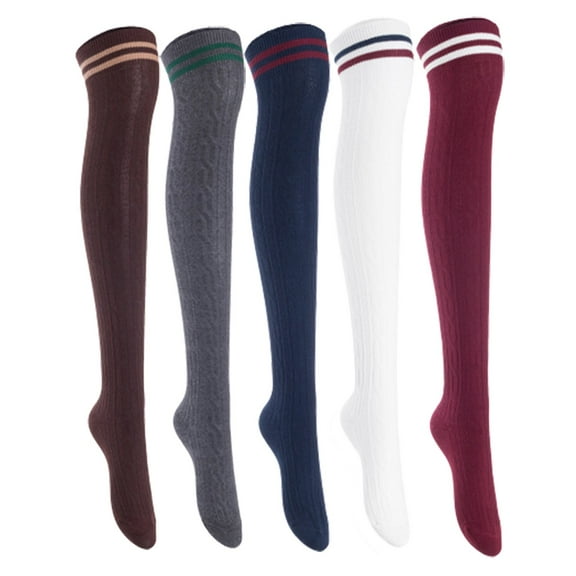 Lian Lifestyle Women's 5 Pairs Incredible Durable Super Soft Unique Over Knee High Thigh High Cotton Socks, Size US 6-9, JMYP1023 Coffee, Dark Gray, Navy, White, Wine