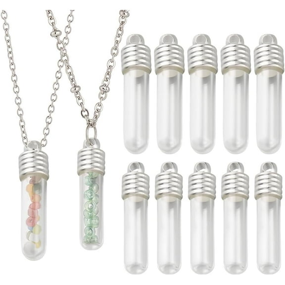 12 Sets Glass Vial Pendant with Screw Cap Hanging Pendant Wish Bottles 1.3 Inch Hollow Glass Bottle Charm with Silver Caps