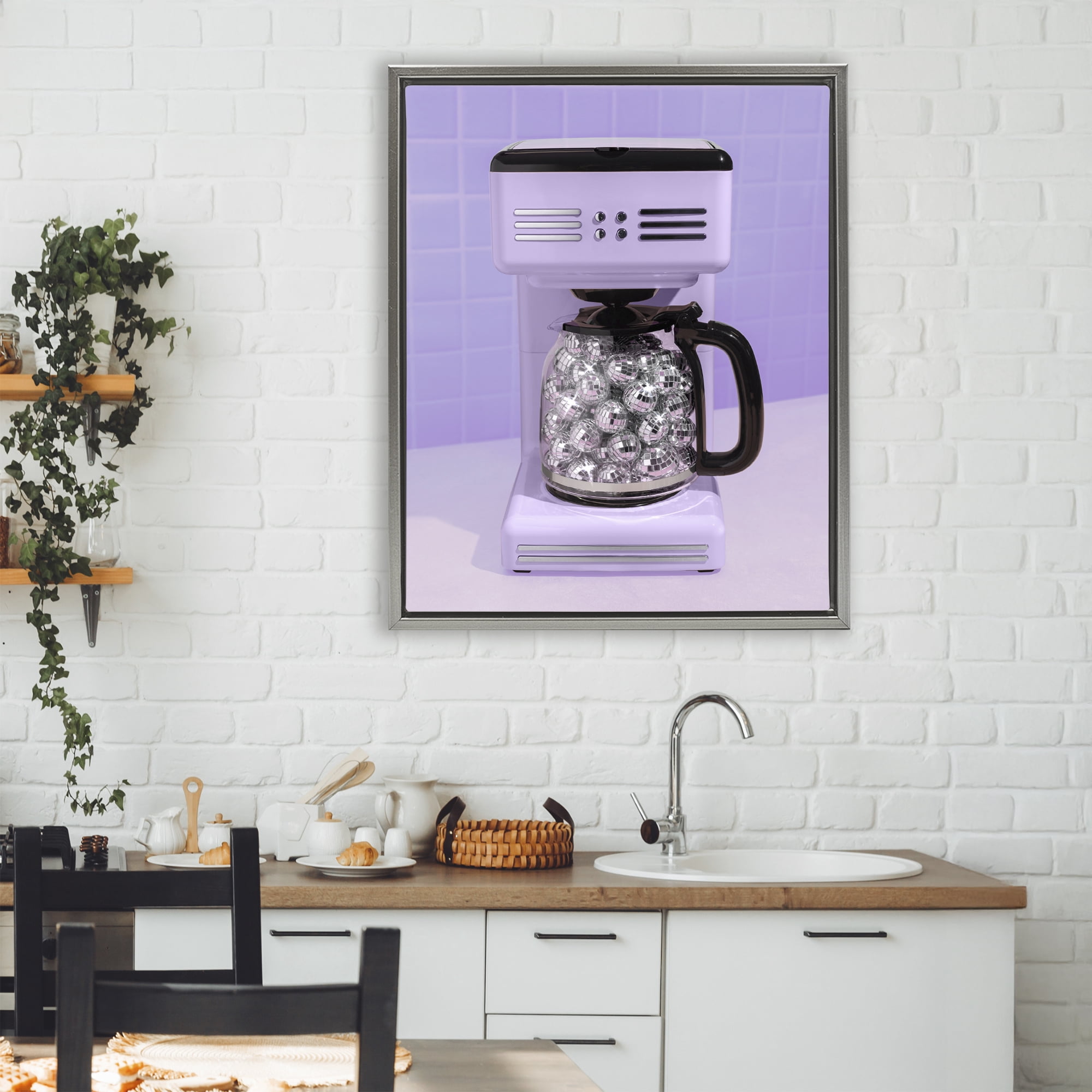 Stupell Industries Disco Coffee Maker over Purple Gray Framed Floater Canvas Wall Art, design by LISH Creative