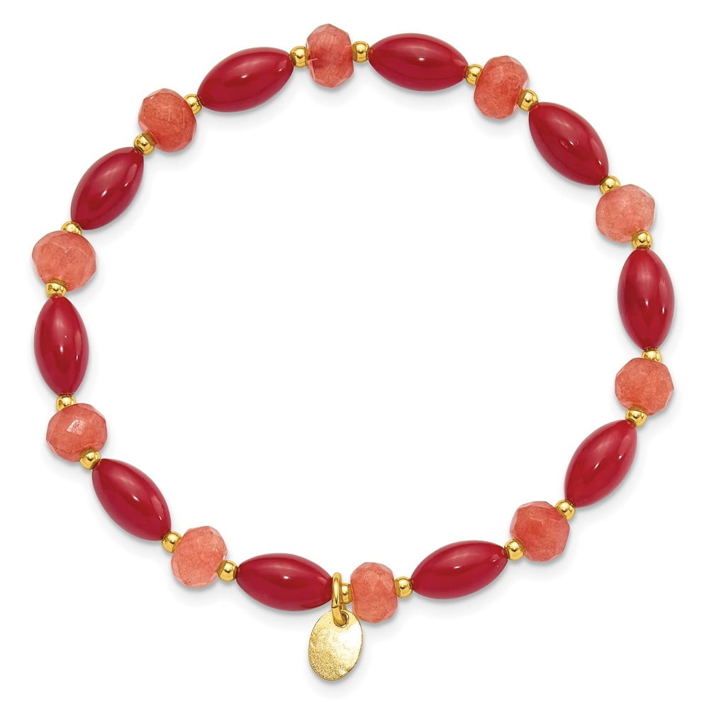 Diamond2Deal 925 Sterling Silver Gold-Plated Coral and Jade Beaded Stretch Bracelet for Women