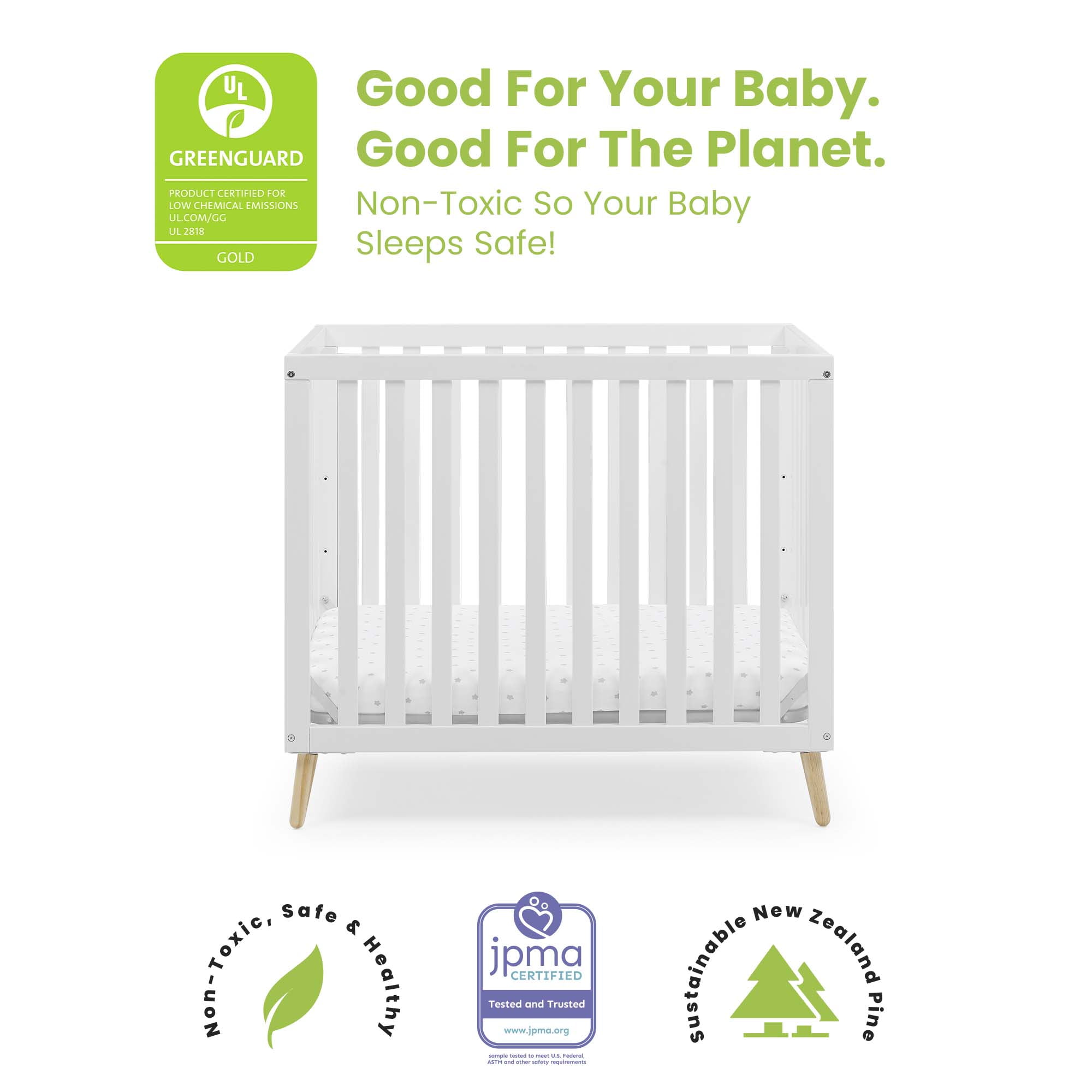 Delta Children Essex Convertible Mini Baby Crib with 2.75-Inch Mattress, Bianca White/Natural