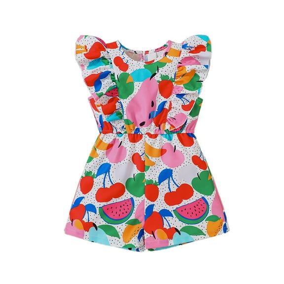 Vividxx Girls Summer Dresses Casual Play Outfits Sets Fruit Print Romper With Ruffles For Toddler Comfortable Easy To Wear Daily Wear O-Neck Classic Dailywear