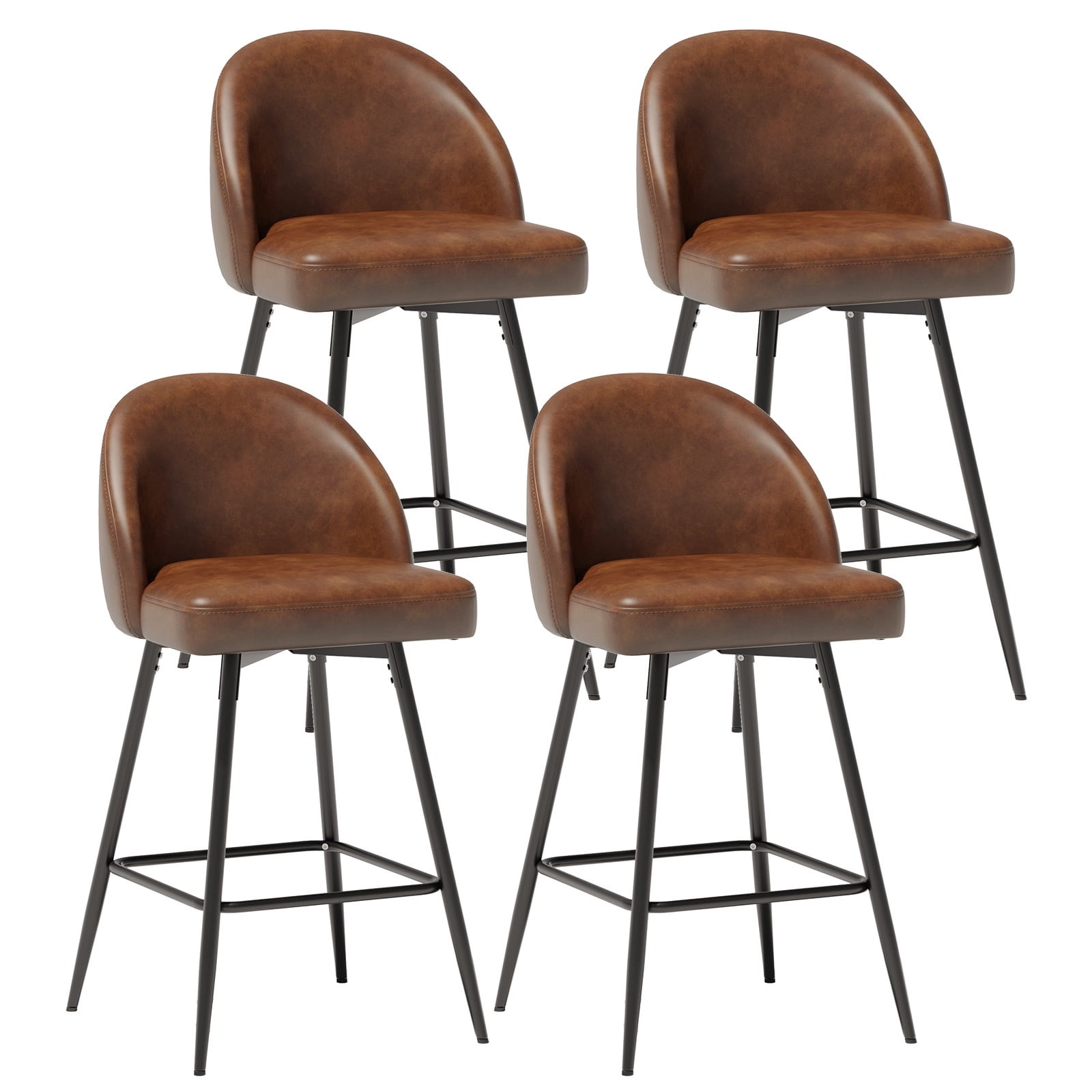 JULY'S SONG Counter Height Bar Stools with Back Sets of 4, 360°Swivel Upholstered Barstools with Metal Legs, 27" Seat Height Bar Stool for Kitchen Island, Faux Leather in Brown