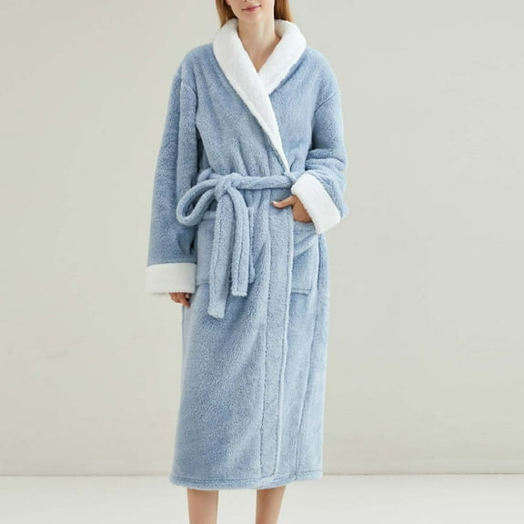 Fanxing Women Men Cozy Robes Fuzzy Plush Shawl Collar Bathrobes Female Fleece Warm Spa Robe with Pocket Valentie's Day Gift Blue 2XL