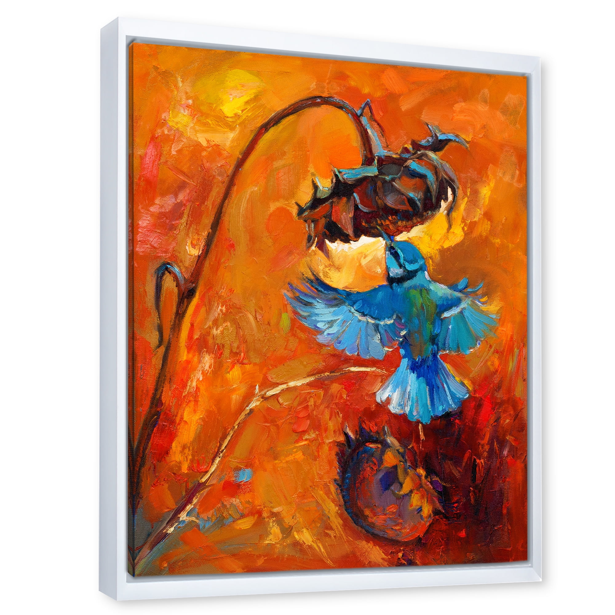 Blue Hummingbird On Orange Sunflower 30 in x 40 in Framed Painting Canvas Art Print, by Designart