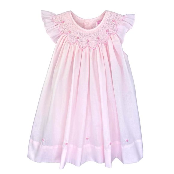 Petit Ami Pink Rosette Scalloped Smocked Neckline Bishop Dress 9 Months