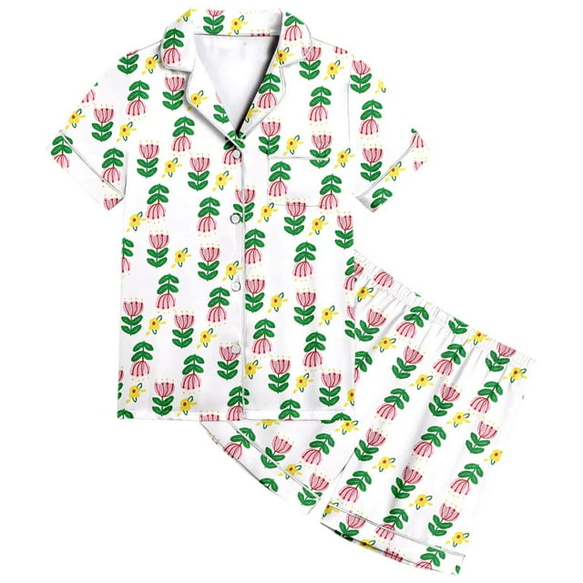 MIASHUI Ensemble de Pyjama 2 Pcs pour Filles à Imprimé Floral, Manches Courtes et Shorts, Blanc, 4-5 Ans