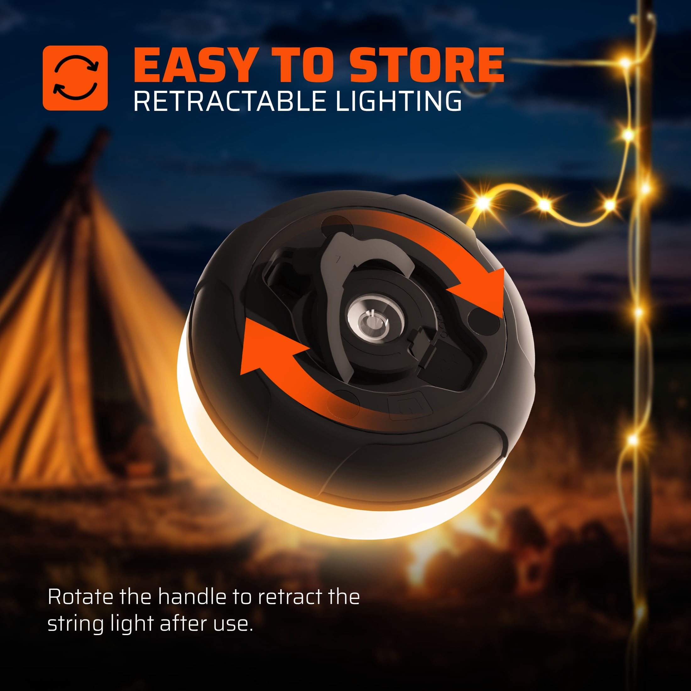 Roamcraft™ Portable LED Camping String Light with Built-in Power Bank - 250 Lumens, 32 ft, 8 Modes