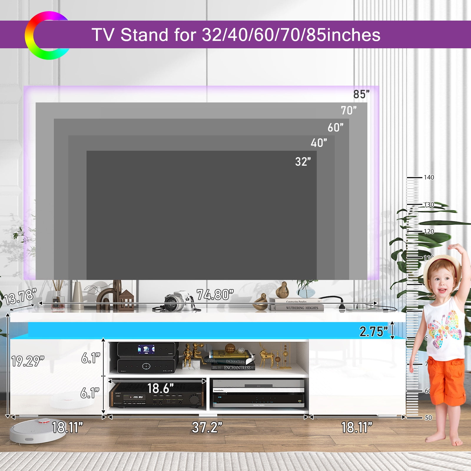 75" LED TV Stand with Power Outlet for up 85" TVs, Modern Large Entertainment Center TV Console Table with Wide Open Shelf