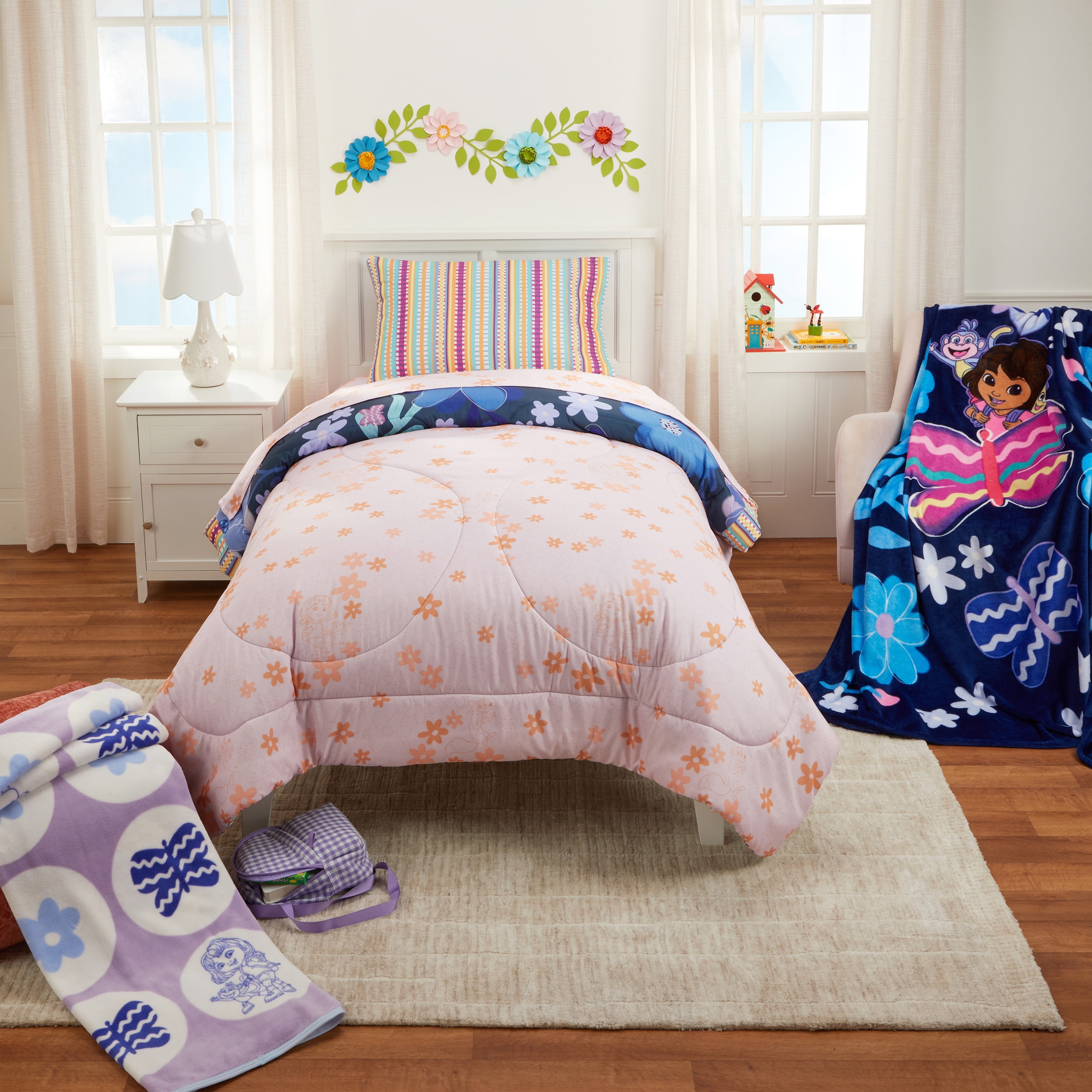 dora♡ Dora Kids 2 Piece Blue Pink Floral Reversible Comforter and